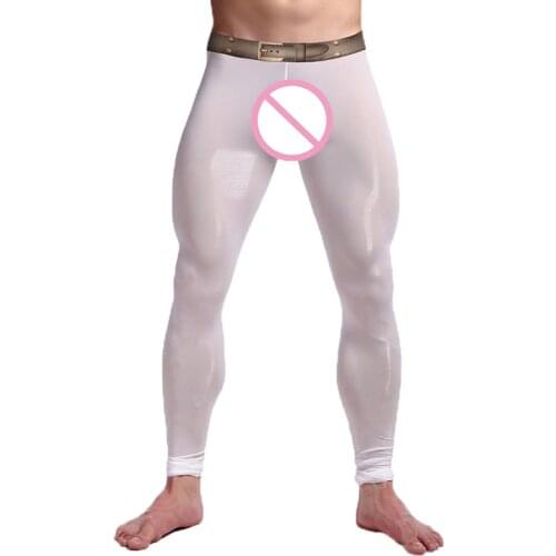 Men Trousers Ice Silk Ultra-thin See Through Pants Sexy Gay Underwear Pantalones Sports Fitness Legging Long Johns Sleep Bottoms