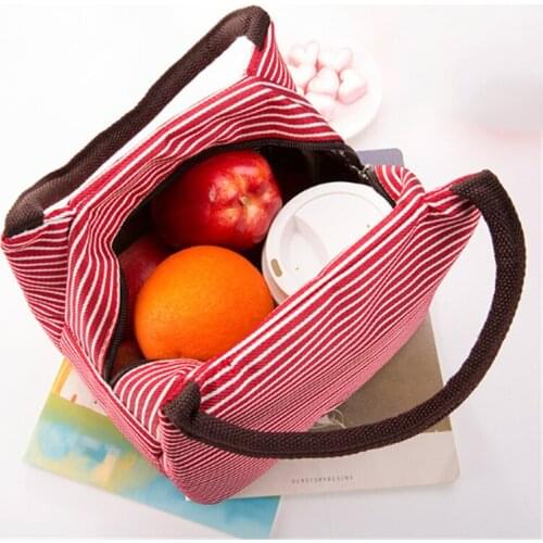 Newest Lunch Bag Insulated Cold Canvas Stripe Picnic Carry Case Thermal Portable Lunch Box