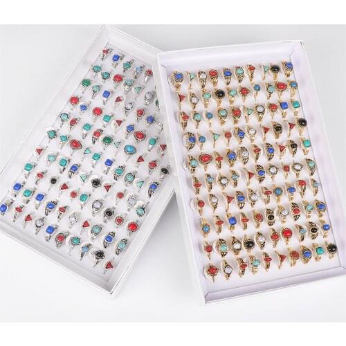 Wholesale Bulk Lots 20pcs/lot Vintage Bohemia Turquoise Stone Antique Silver Plated Metal Rings For Women