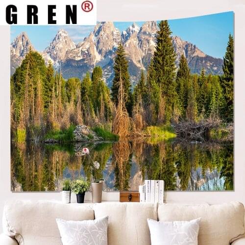 GREN Lake Forest Mountain Landscape Tapestry Hanging Rugs Background Cloth Beach Mat Blanket Bedroom Living Home Decor