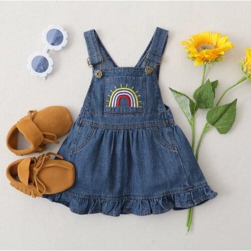 Spring Summer Baby Clothing Baby Girl Fashion Suspender Denim Dress Sweet Rainbow Embroidered A-line Princess Dresses Pocket