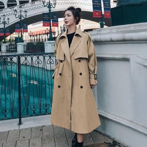 Womens Windbreaker Khaki 2021 Spring Autumn New Fashion Lapel Mid-Length Korean Loose Double Breasted Trench Coat Outerwear