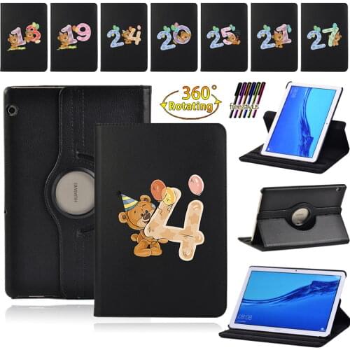 360 Rotating Case for Huawei MediaPad T3 10 9.6"/T5 10 10.1" Number Series Anti-Dust PU Leather Stand Tablet Cover Case + Stylus