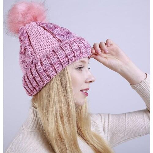 Girls Knitted Hat Women Beanies Fur Pompom Hats Lady Winter Warm Cotton Caps Pompom Skullies Wool Knitted Adjustable Cap B-8457
