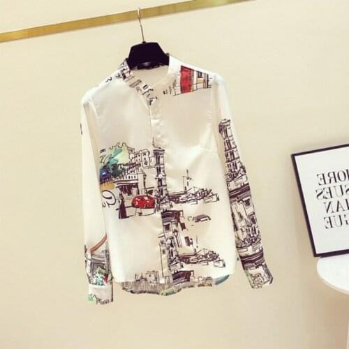 Women Spring Long Sleeve Button Down Blouse Stand Collar Office Lady Shirt Vintage Painting Printed Casual Loose Tops