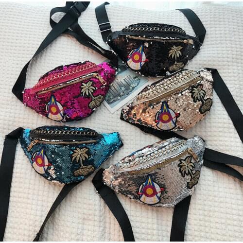 2019 New Women Fashion Sequins Plant Pattern Waist Fanny Packs Chest Bags Travel Shoulder Bag Party Rave Hip Bum Bag