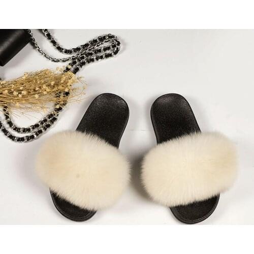Winter furry leather slippers womens Real Fox Leather Slides raccoon Fur Sandals Indoor Slippers Lady Fur Flip Flops Plush Shoe