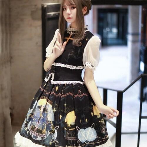 Palace princess daily gothic lolita dress vintage high collar puff sleeve printing victorian dress kawaii girl loli cosplay
