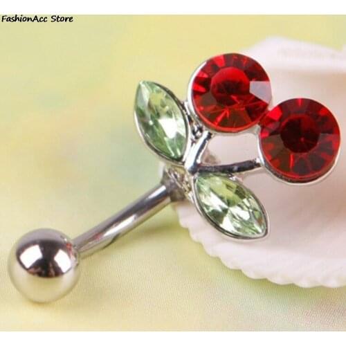 1Pcs New High Grade Rhinestone Belly Button Red Cherry Sexy Lovers Navel Barbell Ring Body Piercing Hot Sale