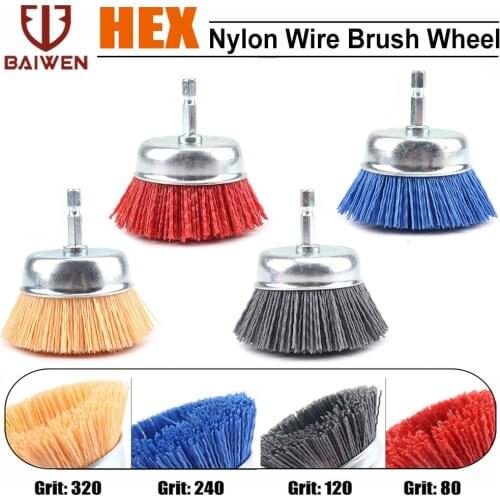 3 Inch Cup Nylon Abrasive Brush Wheel Drill Brushes 1/4" Hex Shank for Metal Remove Rust Corrosion Paint Max RPM 4,500