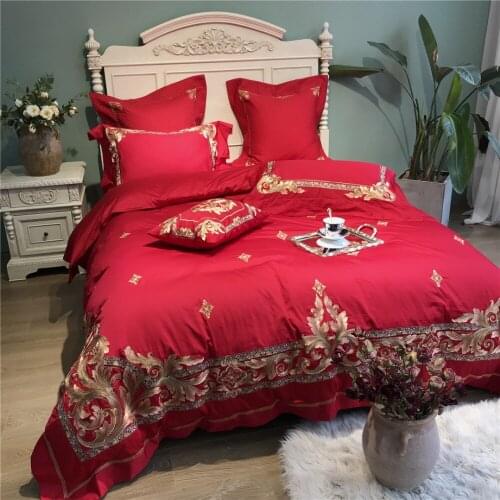 Golden Luxury 100S Egyptian cotton Embroidered Bedding sets Queen King Red Wedding Duvet cover Bed sheet set Pillowcases 4/6pcs