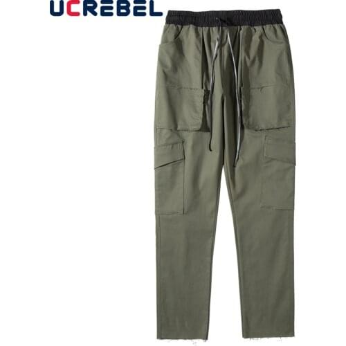 Multi-Pocket Cargo Pants Mens Streetwear Contrast Paneled Casual Pants High Street Elastic Waist Trousers Men