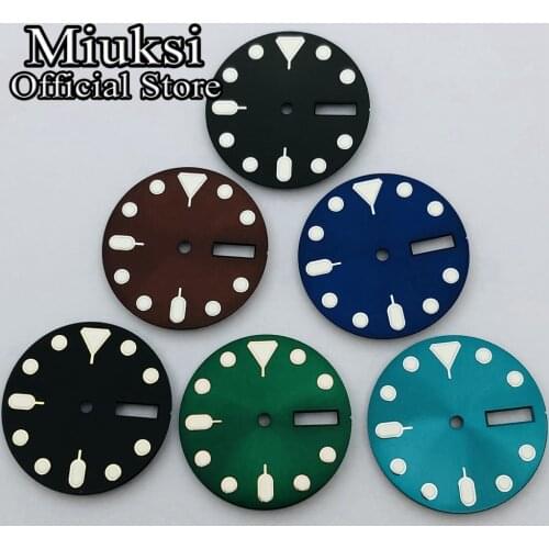 Miuksi 28.5mm black blue green brown watch dial C3 luminous dial fit NH36 movement fit 3 o'clock crown 3.8 o'clock crown