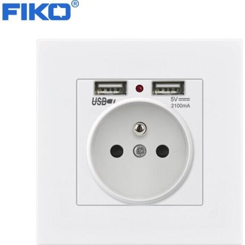 FIKO 16A French EU standard power outlet wall with dual home USB ports ，Household wall power socket 86mm*86mm White PC panel