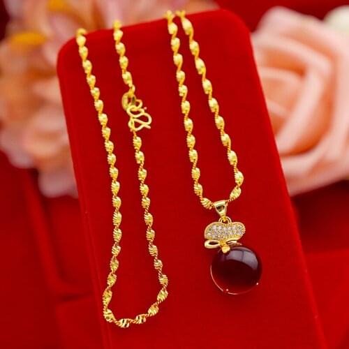 Exquisite Gold 14K Necklace for Women Wedding Engagement Jewelry Lucky Bag Rubby Stone Pendant with Chain Party Birthday Gifts