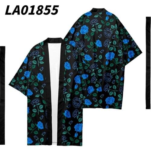 Oversize 6XL Rose Flower Printed Long Style Japanese Kimono Cardigan With Belt Couple Women Men Casual Asian Clothes Harajuku