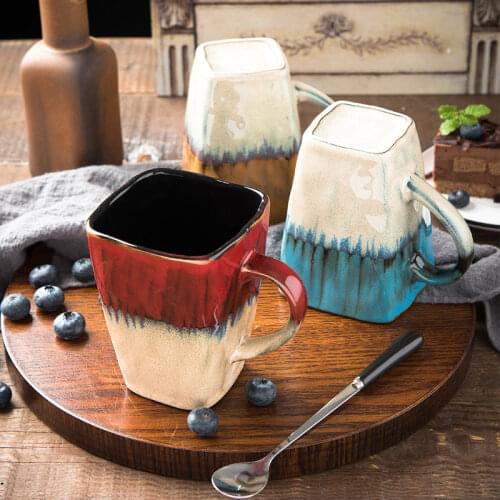 Creative Flow Glaze Square Coffee Mug With Spoon and Lid Retro Tea Cup Simple Household Matte Color Ceramic Milk Water Cup Gift
