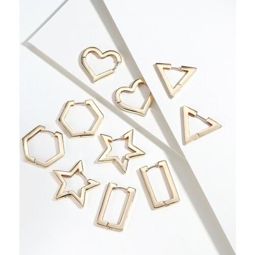 Minimalist Star Rectangle Triangle Geometric Hoop Earrings for Women Gold Color Copper Love Heart Hexagon Earrings Female 2020