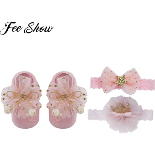 3Pcs/Set Baby Girl Flower Lace Elastic Headbands Socks Crown Bows Newborn Baby Hairband Turban Hair Accessories with Gift Box