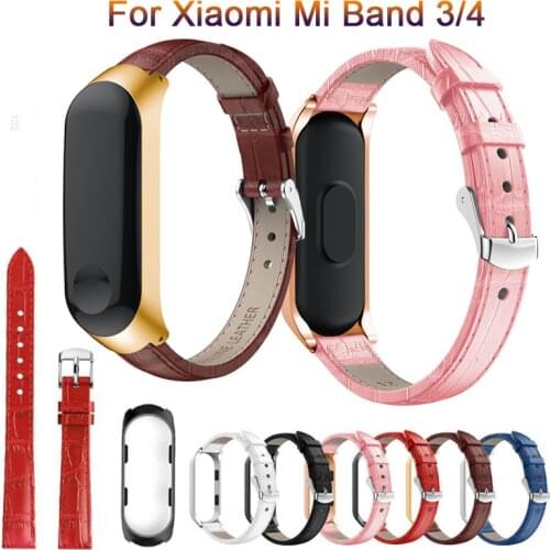 Luxury Classic leather quality watch band strap For Xiaomi band 3 Replacement wristband For Mi band 4 smart watchband+Metal Case
