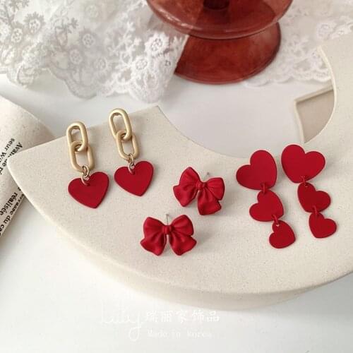 Romantic Girl Red Heart-shaped Bowknot Flower Pendant Earrings Charming Womens Wedding Party Jewelry Fashion Valentines Gift
