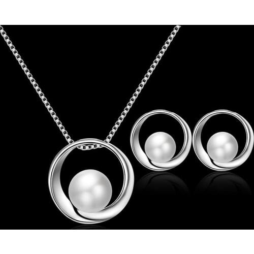 Luxury Female White Pearl Jewelry Set Charm Rose Gold Silver Color Stud Earrings For Women Dainty Hollow Wedding Chain Necklace