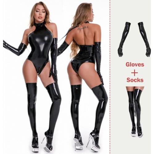 AIIOU Sexy Faux Leather Bondage Bodysuits Sexi Teddy Lingerie Women Erotic Bodysuit with Gloves and Socks Mistress Sex Costumes