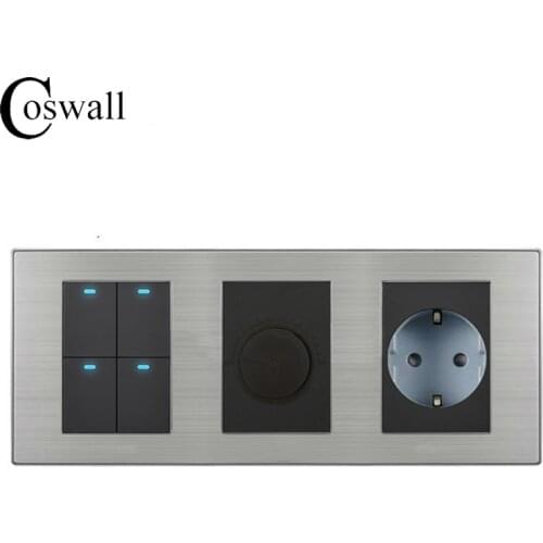Coswall 4 Gang 2 Way On / Off LED Light Switch + Dimmer With 16A EU Standard Wall Socket Stainless Steel Panel 236*86mm