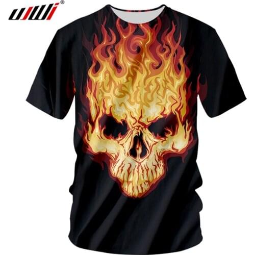 UJWI New Arrival Brand T-shirt 3D Printed Fashion Man Yellow Tee Shirt Hip Hop Mens Flame Skulls Big Size O Neck Tshirt