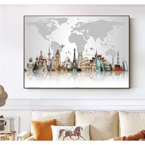 World Famous Building Wall Art Posters and Prints World Tourist Attraction Map Canvas Art Paintings Modern Pictures Home Decor