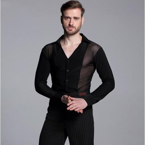 High Quality Mesh Black Men Standard Ballroom Latin Dance Tops Sale Cha Cha Rumba Plus Size Long Sleeves Dancing Shirt DWY1106