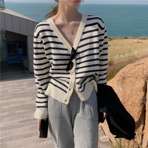 South Korean fashion with short sweater inside loose buttons outside knit cardigan top 2021 striped thin coat plus size cardigan