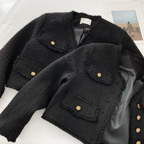 2021 Autumn Black Jackets for Women Long Sleeve Vintage Elegant Short Coat Korean Fashion Button Up Loose Y2k Crop Tops Female