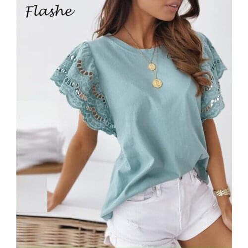 Lace Shirt Women Short Sleeve Fashion T-shirt Solid O Neck Casual Tee 2021 Summer T-shirt Women Loose Female Tops Streetwear