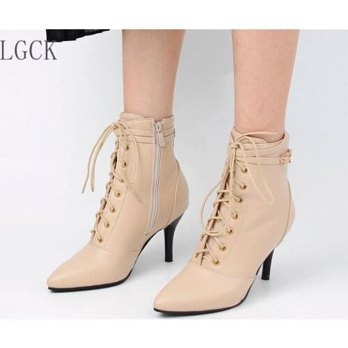 Plus Size 34-48 Autumn Winter Women Boots Zipper Buckle High Heels Fashion Sexy Pointed Toe Ankle Boots Mujer Lace-Up Stiletto