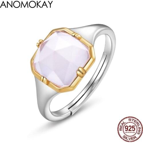 Anomokay Simple Square Synthetic Rose Quartz Silver Rings 100% 925 Sterling Silver Adjustable Ring for Couples Love Gift Jewelry