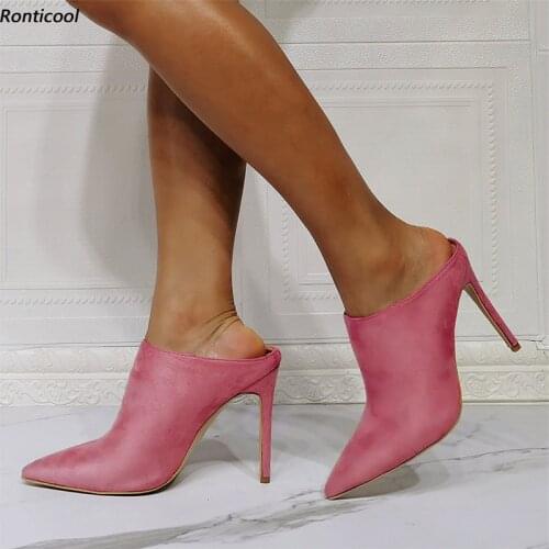 Ronticool Customization Handmade Women Mules Sandals Suede Stiletto Heel Pointed Toe Gorgeous 9 Colors Party Shoes US Size 5-15