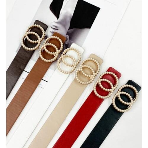 Leather belt women waist luxury black red belts for jeans dresses woman pearl studded buckle girls ladies fashion decorative