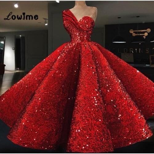 Ball Gown Red Sequined Prom Dresses Vestido De Festa Abiye Puffy Party Dress 2018 Couture Abaya Middle East Women Evening Gown