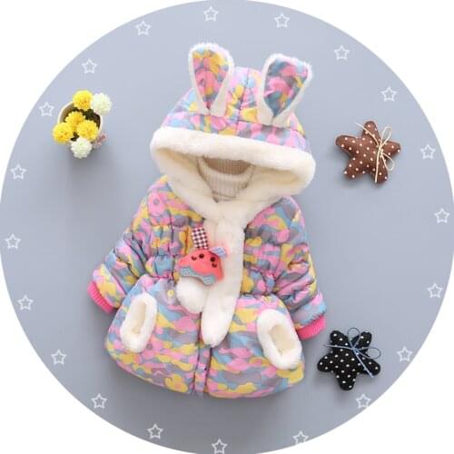 Girls Winter Cotton-Padded Clothes 2020 New Cartoon Rabbit Ears Hat Down Coat Childrens Hood Hat Printed Baby Kids Warm Jacket