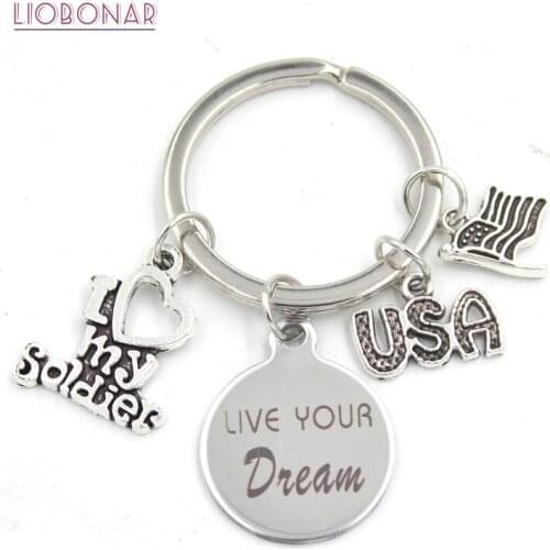 1PC New Arrival Stainless Steel Key Ring Keychains USA Flag I Love my Soldier Keychain Keyring Gifts for Men Women Jewelry