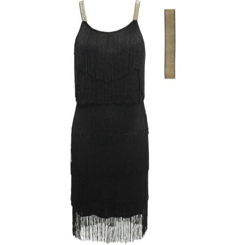 1920s vintage flapper gatsby charleston tassels fringe black gold dress UK 8-16