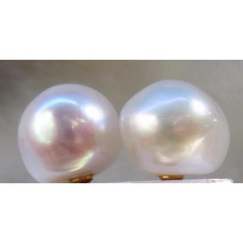 Free shipping Hot Huge AAA 11-12 mm South Sea White Baroque Pearl Earrings 14k/20 YELLOW GOLD