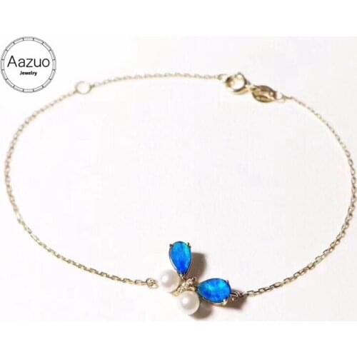 Aazuo 18K Yellow Gold Bracelet Natual Blue Opal Okoya Pearl Butterfly gifted for Women Valentines Day Gift Link Chain