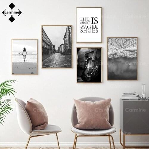 Black and White Canvas Painting Sea Surf Woman Wall Art Prints Piano Guitar Music Vintage Poster Nordic Wall Pictures Home Decor