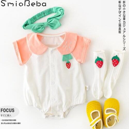 2021 Summer Korean Version Ins Newborn Rompers With Headband Children Pink Strawberry Baby Collar Short Birthday Jumpsuit Outfit