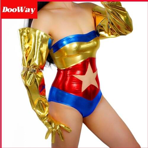 DooWay Oversize Patent Leather Gloves Gold Shine Wet Look Cool Unisex Puff Open Sleeves L Fashion Costume(2 Armbands included)