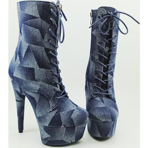 Leecabe Denim materials 15CM/6inches Pole dancing shoes High Heel platform Boots closed toe Pole Dance boots