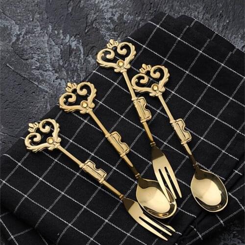 European Crown Coffee Scoops Dessert Forks Gold Vintange Cutlery Afternoon Tea Scoops Fruit Fork Gift Tableware 4pcs/set