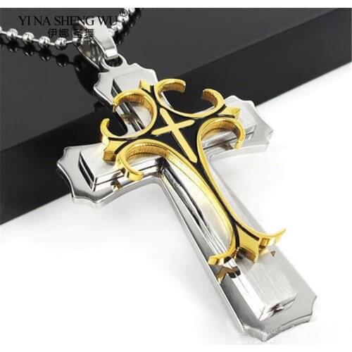 New Hip Hop Rock Multi-Layer Zinc Alloy Fashion Style Cross Pendant Chain Necklace For Men Male Punk Gothic Style Jewelry Gift